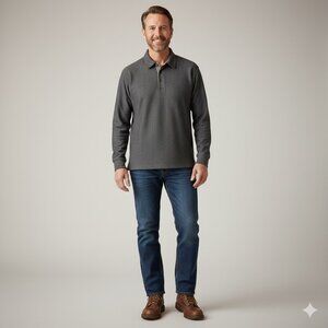 Vtg L.L. Bean Polo Shirt Men XL Tall Beige Herringbone LS Buttons Collar Cottage